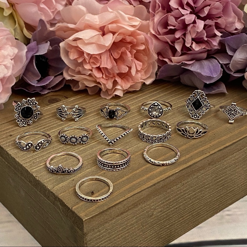 15 Pcs Boho Retro Vintage Crystal Gem Ring Set - Picture 4 of 16
